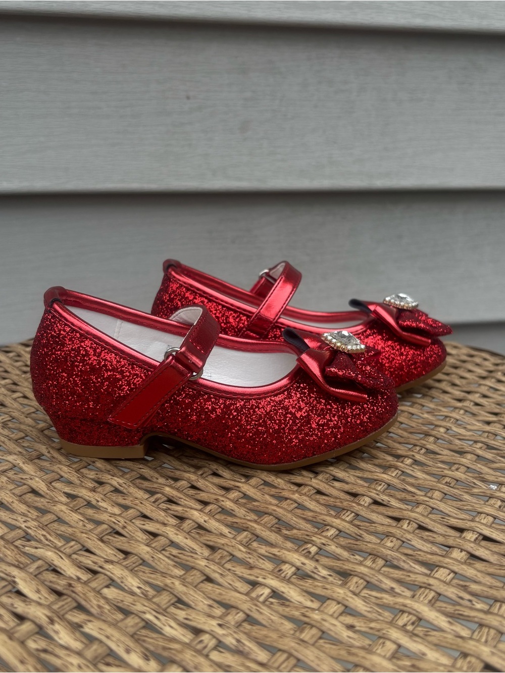Furdeour Red Glitter Mary Jane Dress Shoes Bow Rhinestone Toddler/Little Girl 7